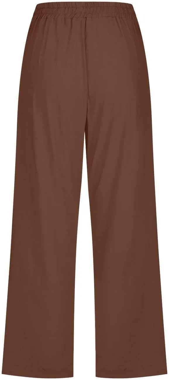 Linen Capri Pants for Women Casual 2025 Summer Drawstring Elastic High Waist Pant Loose Wide Leg Cropped Trouser