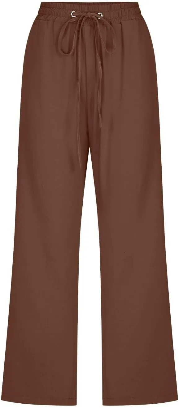 Linen Capri Pants for Women Casual 2025 Summer Drawstring Elastic High Waist Pant Loose Wide Leg Cropped Trouser