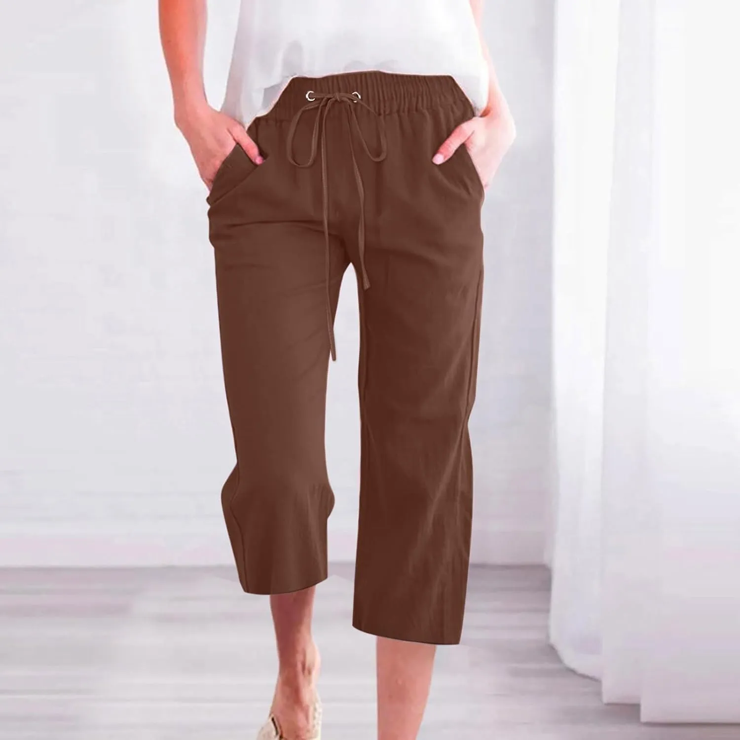 Linen Capri Pants for Women Casual 2025 Summer Drawstring Elastic High Waist Pant Loose Wide Leg Cropped Trouser