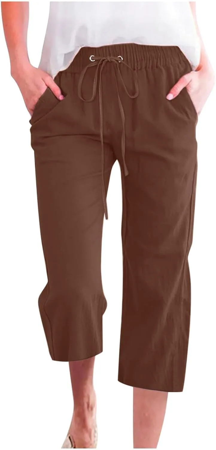Linen Capri Pants for Women Casual 2025 Summer Drawstring Elastic High Waist Pant Loose Wide Leg Cropped Trouser