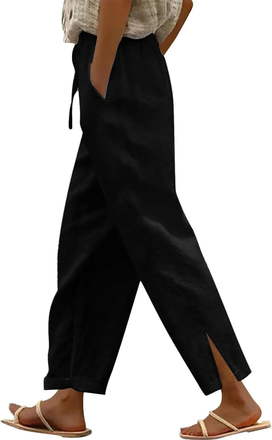 Linen Pants Women Casual Side Split Capri Pants Summer Beach Drawstring Elastic Waist Cropped Trousers with Pockets