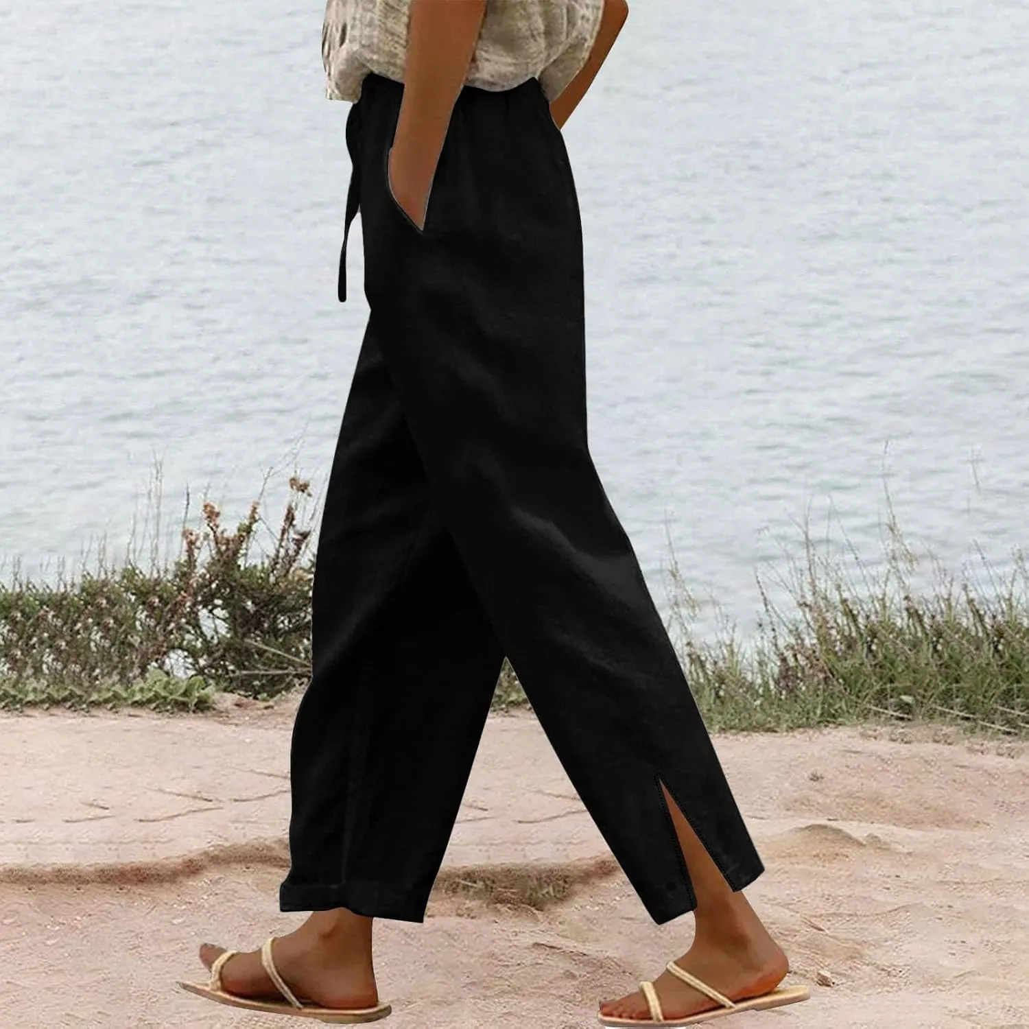 Linen Pants Women Casual Side Split Capri Pants Summer Beach Drawstring Elastic Waist Cropped Trousers with Pockets
