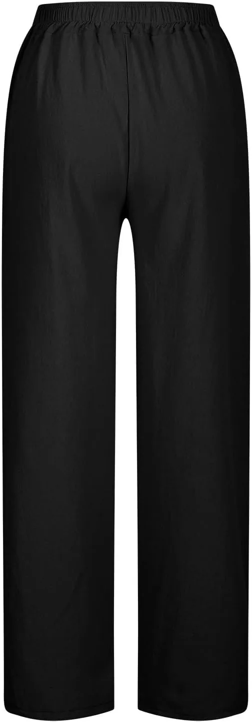Linen Pants Women Casual Side Split Capri Pants Summer Beach Drawstring Elastic Waist Cropped Trousers with Pockets