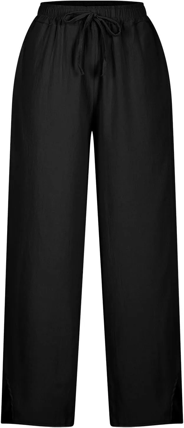 Linen Pants Women Casual Side Split Capri Pants Summer Beach Drawstring Elastic Waist Cropped Trousers with Pockets