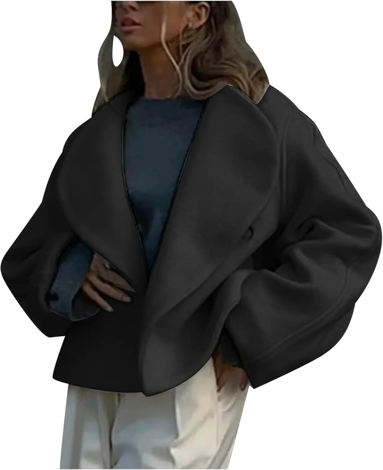 Lmdudan Women Warm Pea Coat Notched Lapel Neck Cropped Double Breasted Button Down Trench Overcoat Jackets with Pockets 2024