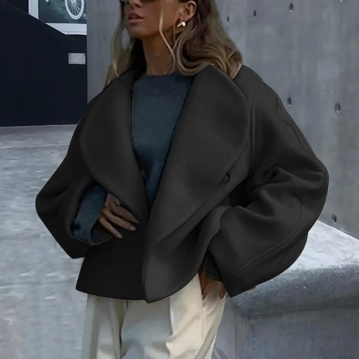 Lmdudan Women Warm Pea Coat Notched Lapel Neck Cropped Double Breasted Button Down Trench Overcoat Jackets with Pockets 2024