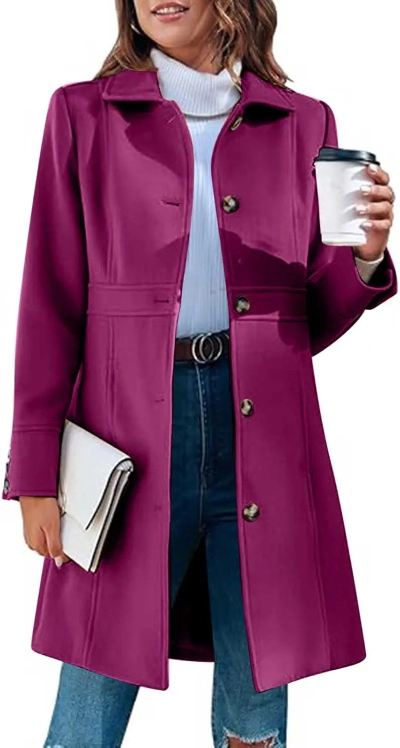 Lmdudan Women's Elegant Single Breasted Coat Long Sleeve Mid Winter Overcoat Work Office Pea Coats Fashion Trench Coats