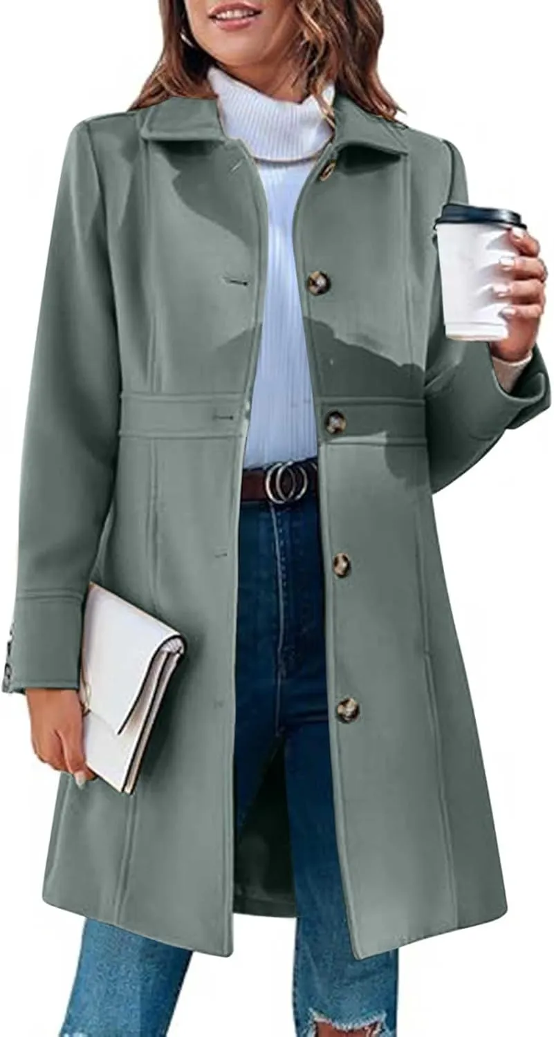 Lmdudan Women's Elegant Single Breasted Coat Long Sleeve Mid Winter Overcoat Work Office Pea Coats Fashion Trench Coats