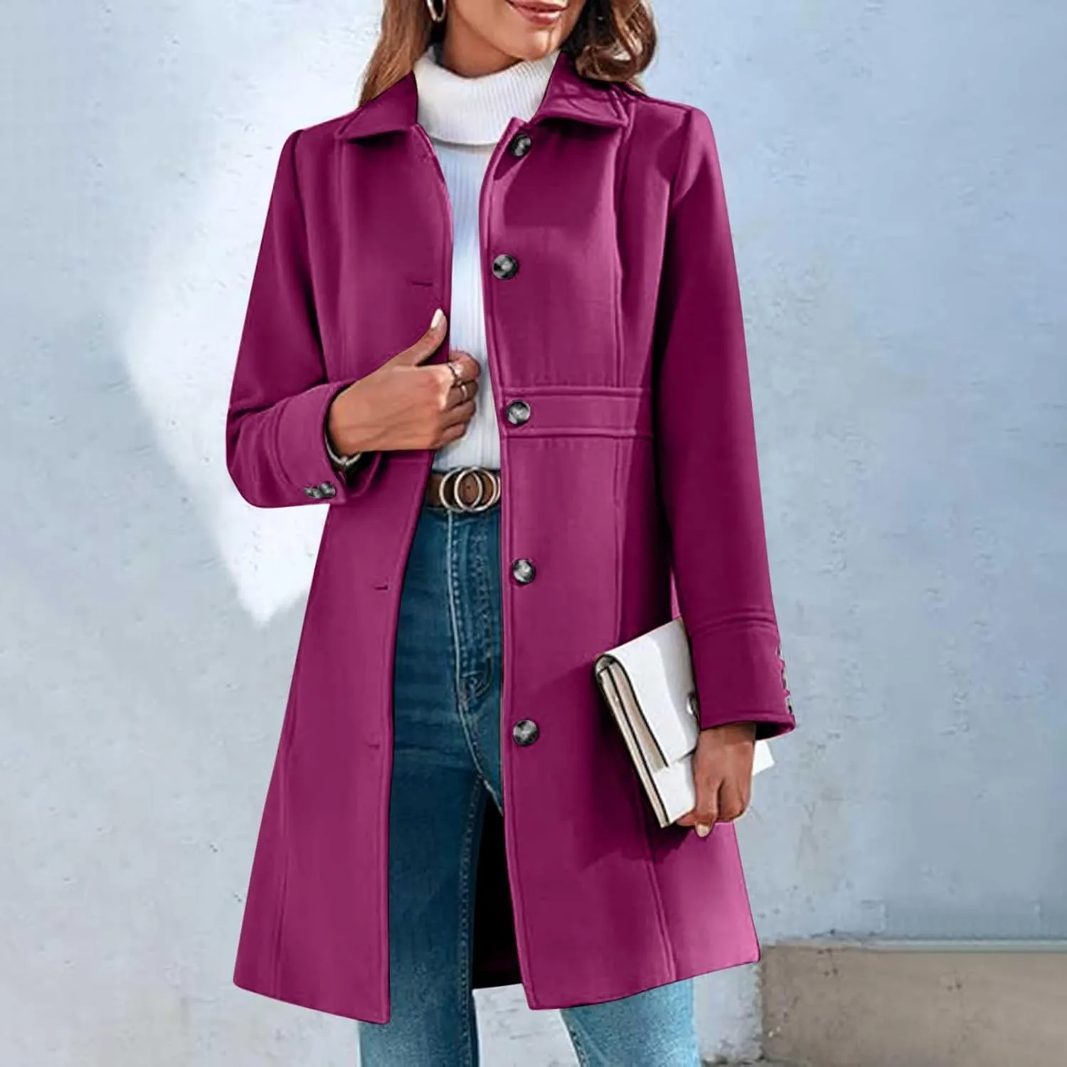 Lmdudan Women's Elegant Single Breasted Coat Long Sleeve Mid Winter Overcoat Work Office Pea Coats Fashion Trench Coats