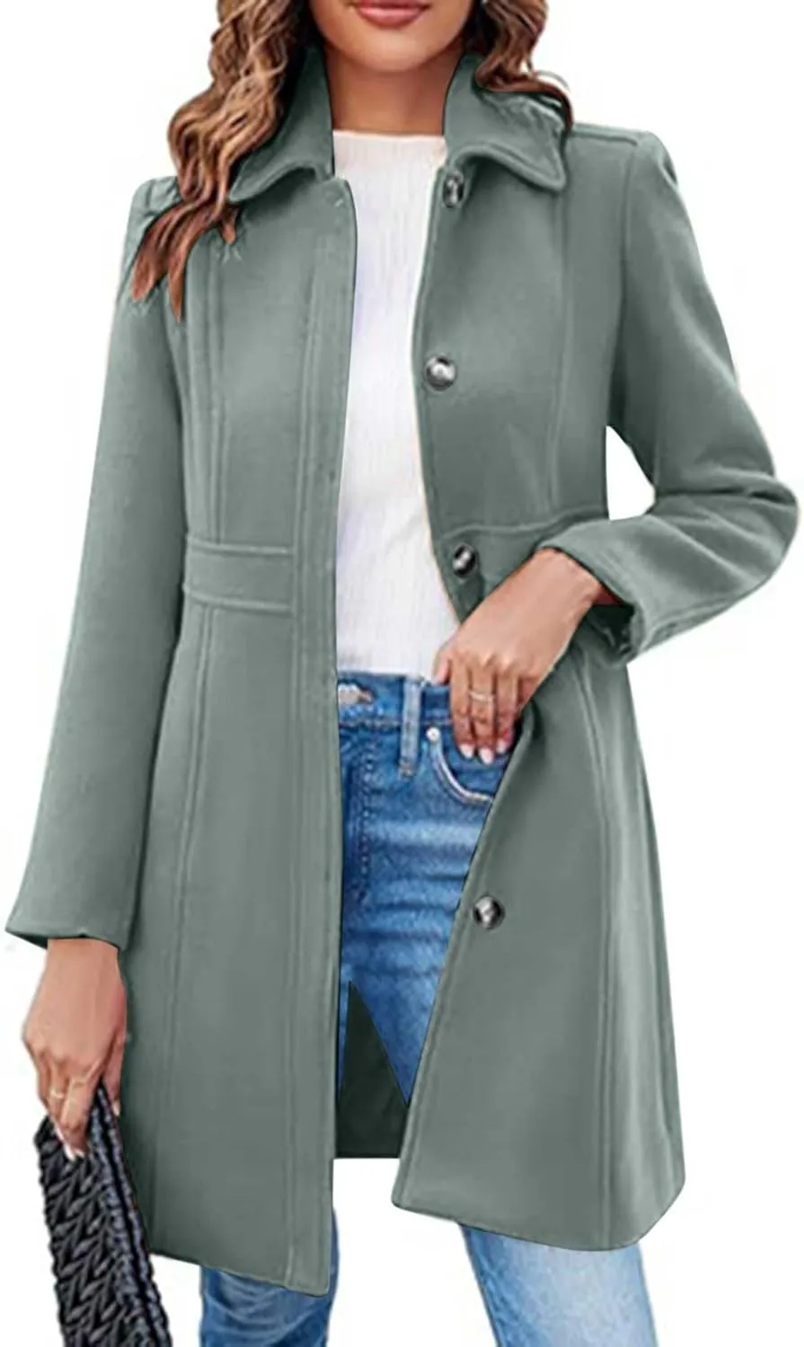 Lmdudan Women's Elegant Single Breasted Coat Long Sleeve Mid Winter Overcoat Work Office Pea Coats Fashion Trench Coats