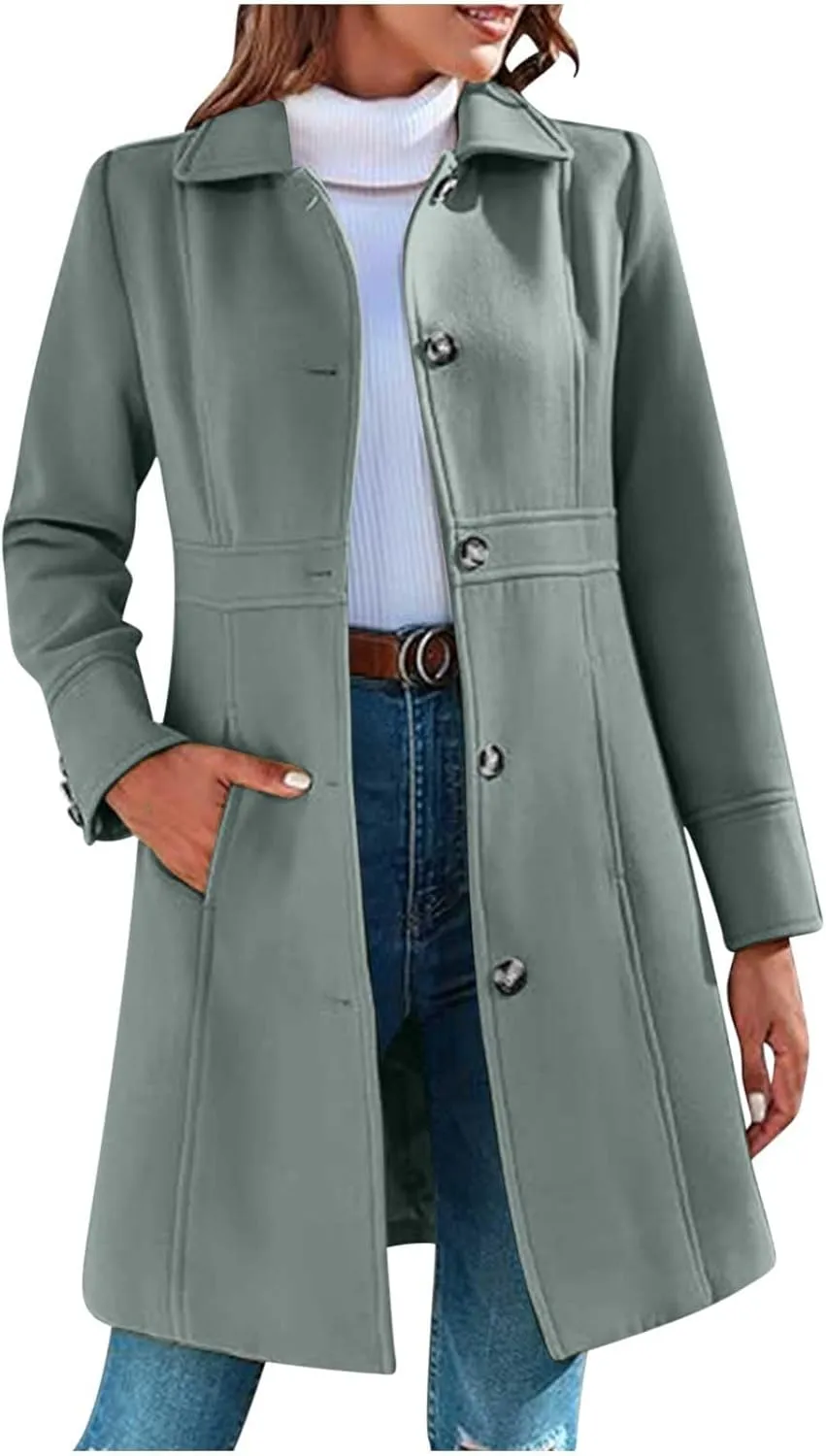 Lmdudan Women's Elegant Single Breasted Coat Long Sleeve Mid Winter Overcoat Work Office Pea Coats Fashion Trench Coats