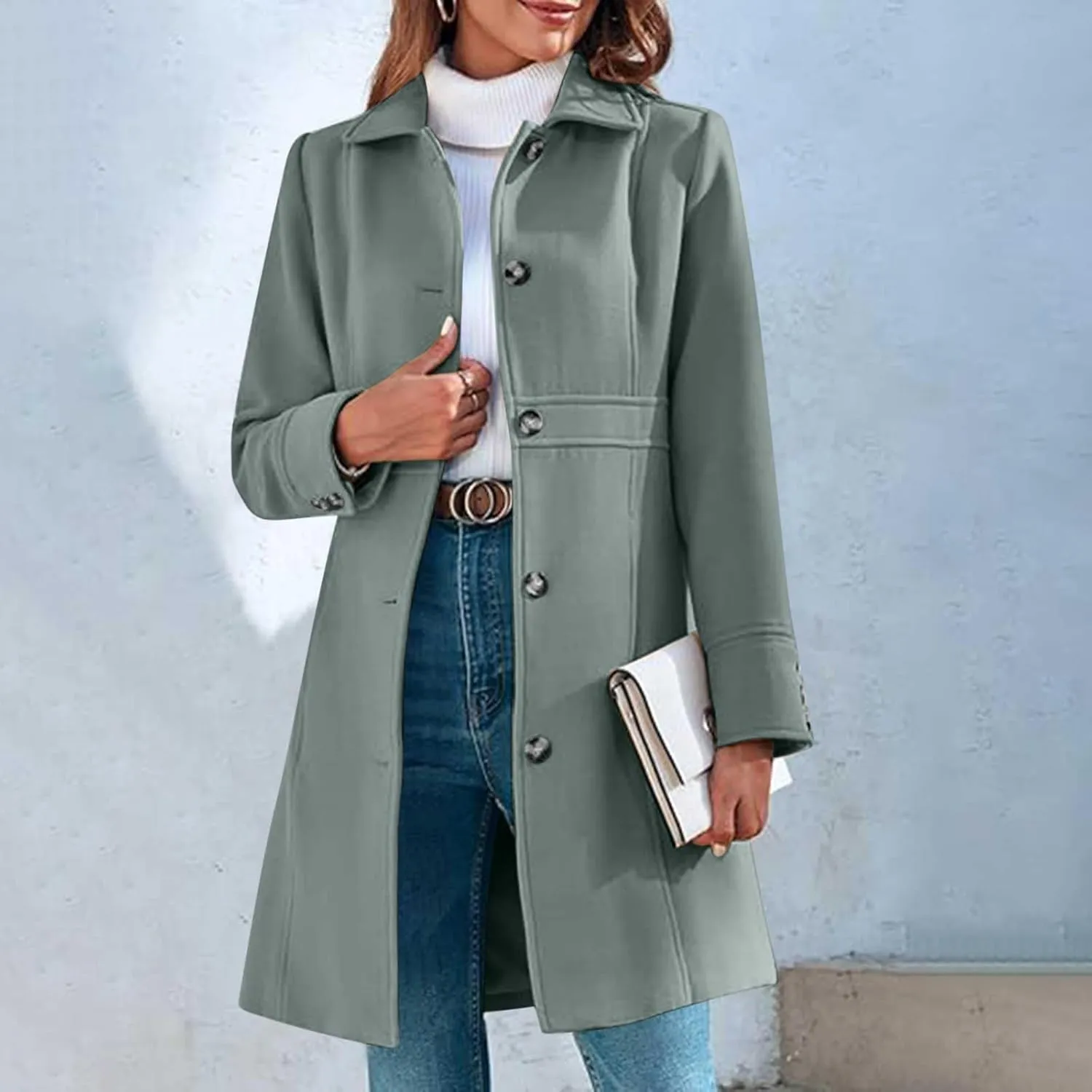 Lmdudan Women's Elegant Single Breasted Coat Long Sleeve Mid Winter Overcoat Work Office Pea Coats Fashion Trench Coats
