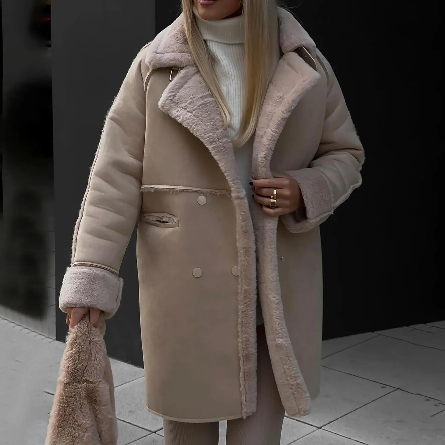 Lmdudan Women's Winter Trench Coat Notched Lapel Double Breasted Jacket Sherpa Fleece Faux Suede Leather Overcoat with Pocket