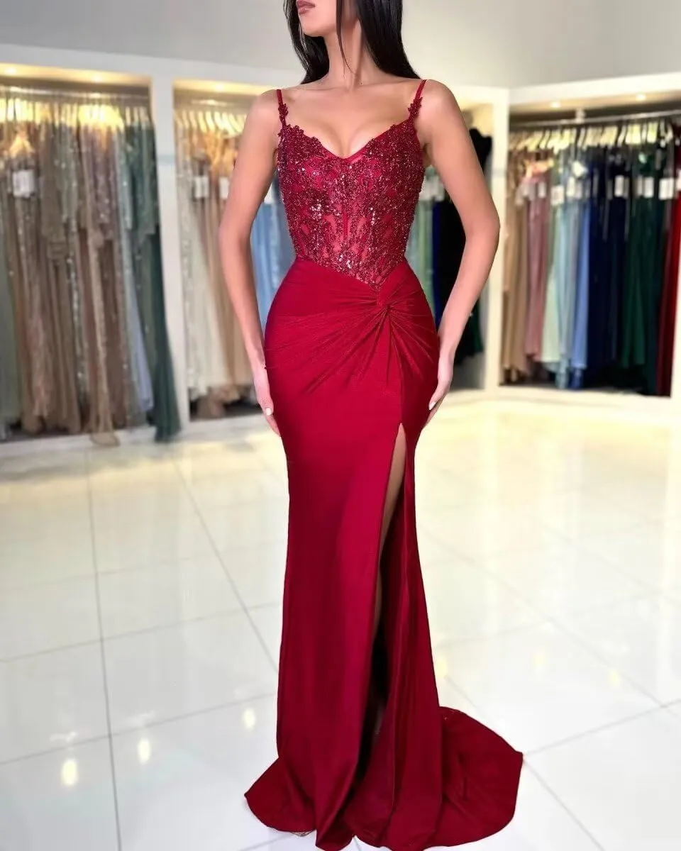 Loyeloy Spaghetti Straps Prom Dresses Long with Slit 2025 Lace V Neck Mermaid Satin Evening Party Gowns