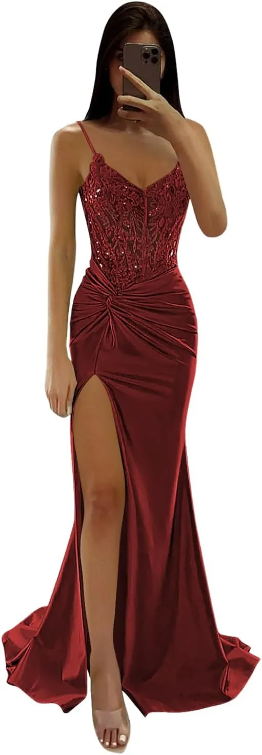 Loyeloy Spaghetti Straps Prom Dresses Long with Slit 2025 Lace V Neck Mermaid Satin Evening Party Gowns