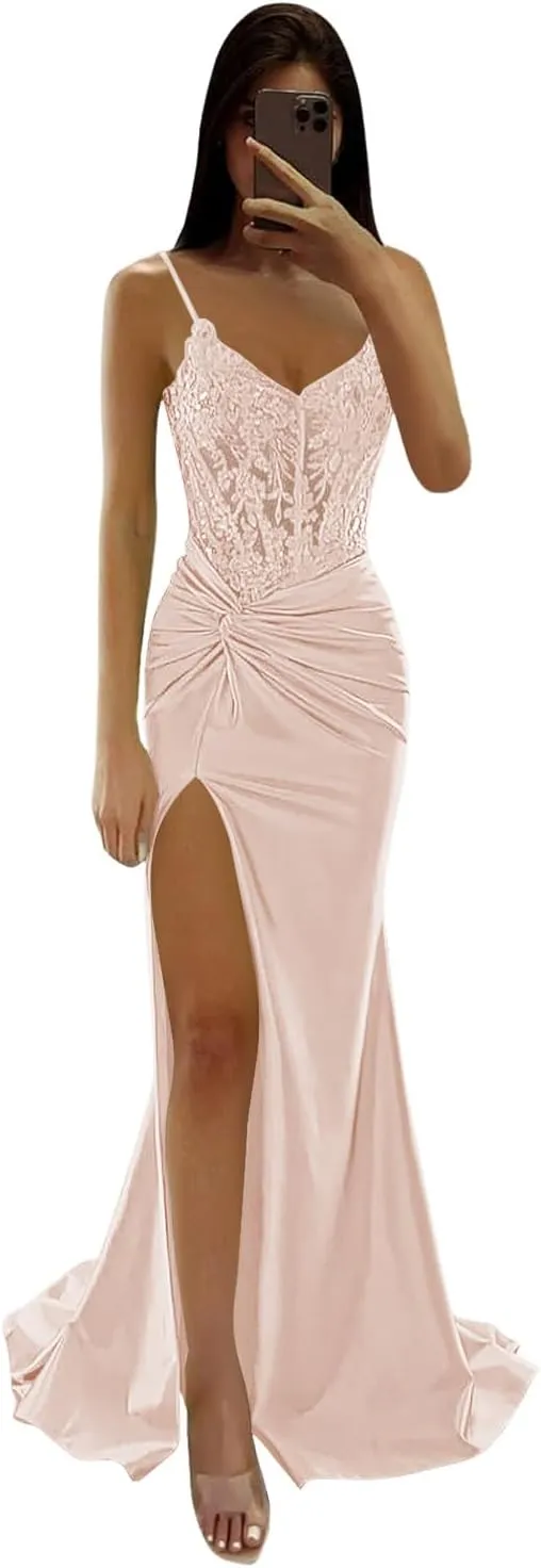 Loyeloy Spaghetti Straps Prom Dresses Long with Slit 2025 Lace V Neck Mermaid Satin Evening Party Gowns
