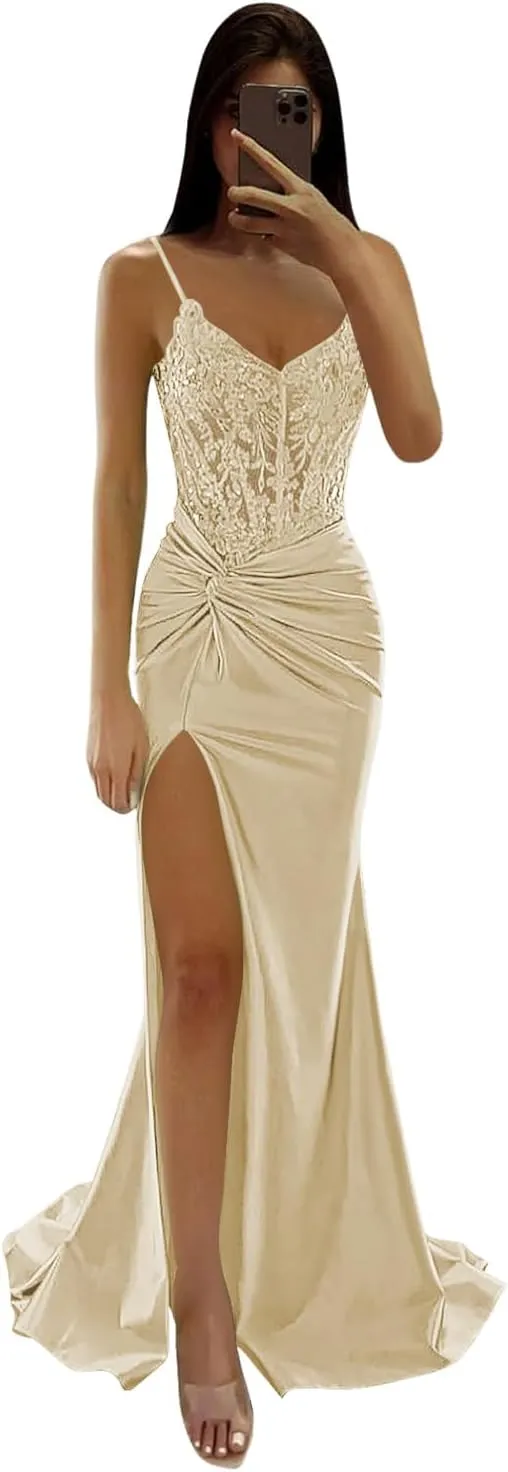 Loyeloy Spaghetti Straps Prom Dresses Long with Slit 2025 Lace V Neck Mermaid Satin Evening Party Gowns