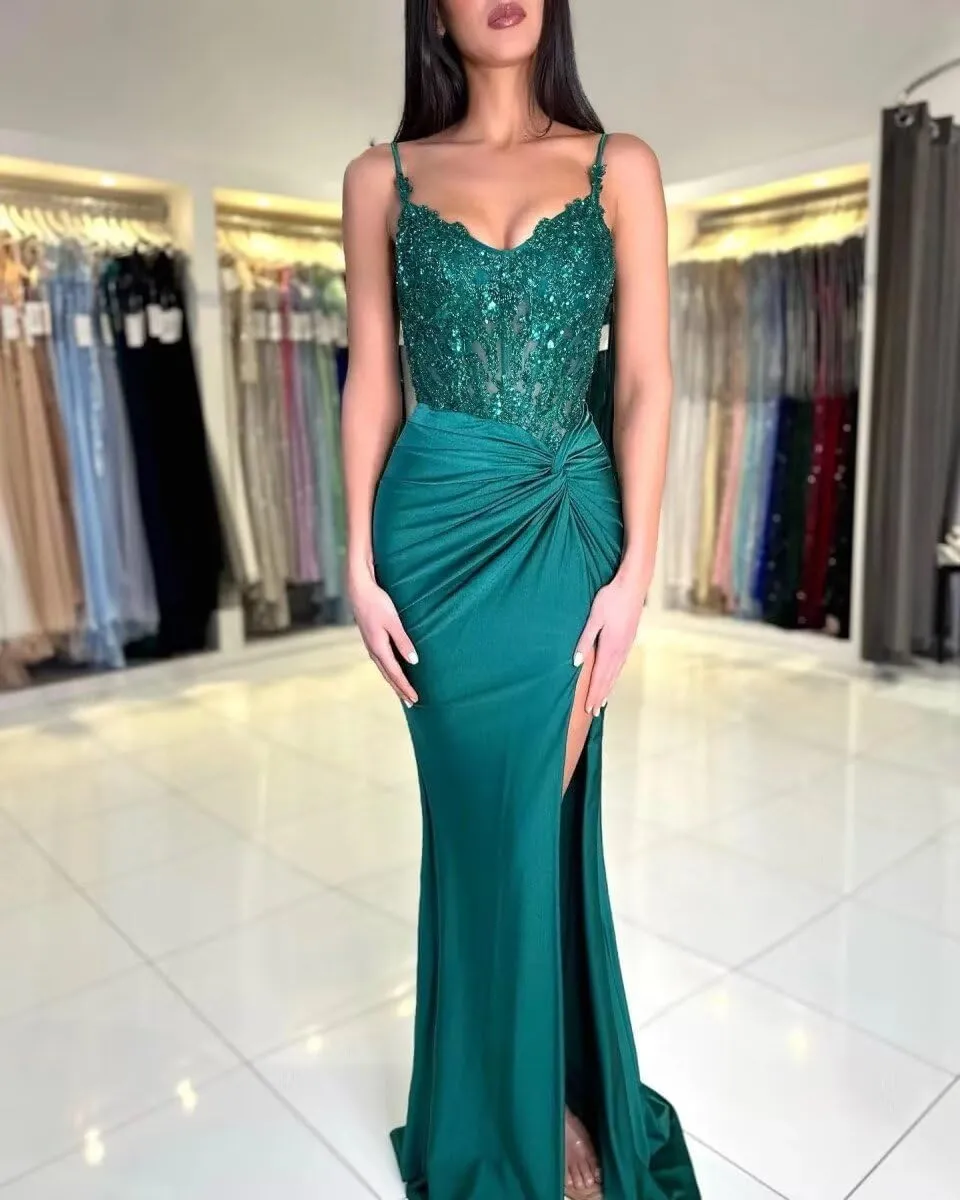 Loyeloy Spaghetti Straps Prom Dresses Long with Slit 2025 Lace V Neck Mermaid Satin Evening Party Gowns