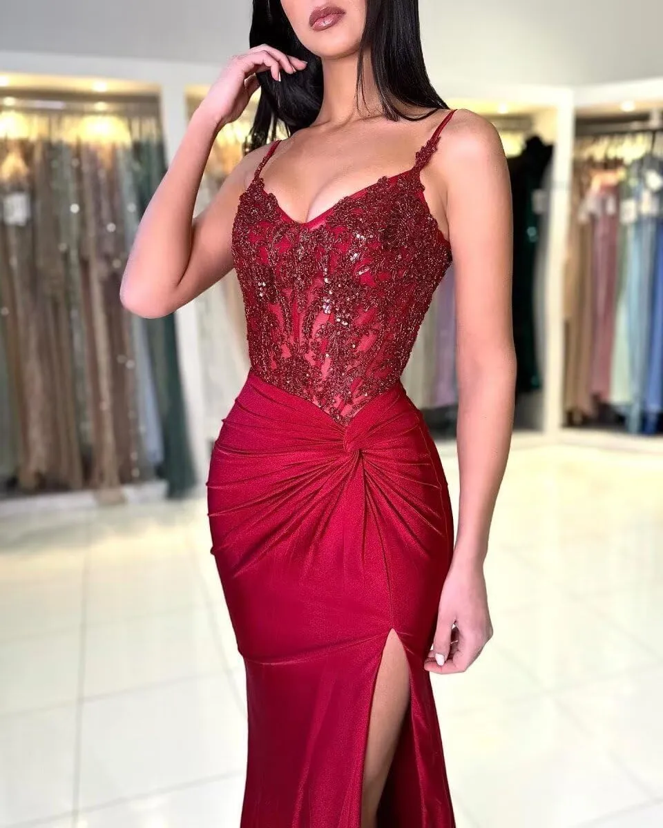 Loyeloy Spaghetti Straps Prom Dresses Long with Slit 2025 Lace V Neck Mermaid Satin Evening Party Gowns