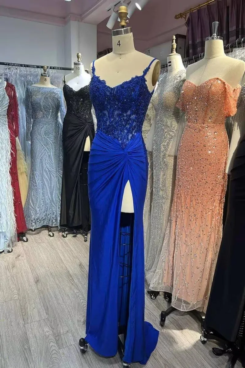 Loyeloy Spaghetti Straps Prom Dresses Long with Slit 2025 Lace V Neck Mermaid Satin Evening Party Gowns