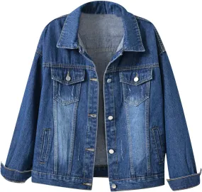 Mzkdieey Women Retro Denim Jackets Casual Lapel Long Sleeve Button Down Jean Jacket Denim Trucker Jacket with Pockets