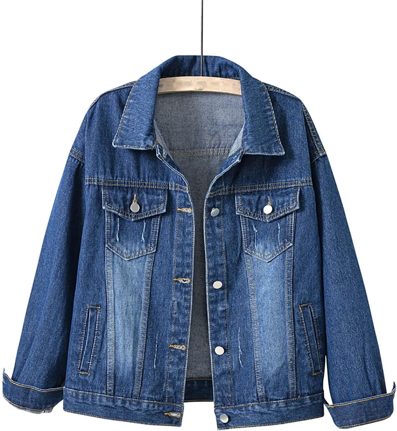 Mzkdieey Women Retro Denim Jackets Casual Lapel Long Sleeve Button Down Jean Jacket Denim Trucker Jacket with Pockets
