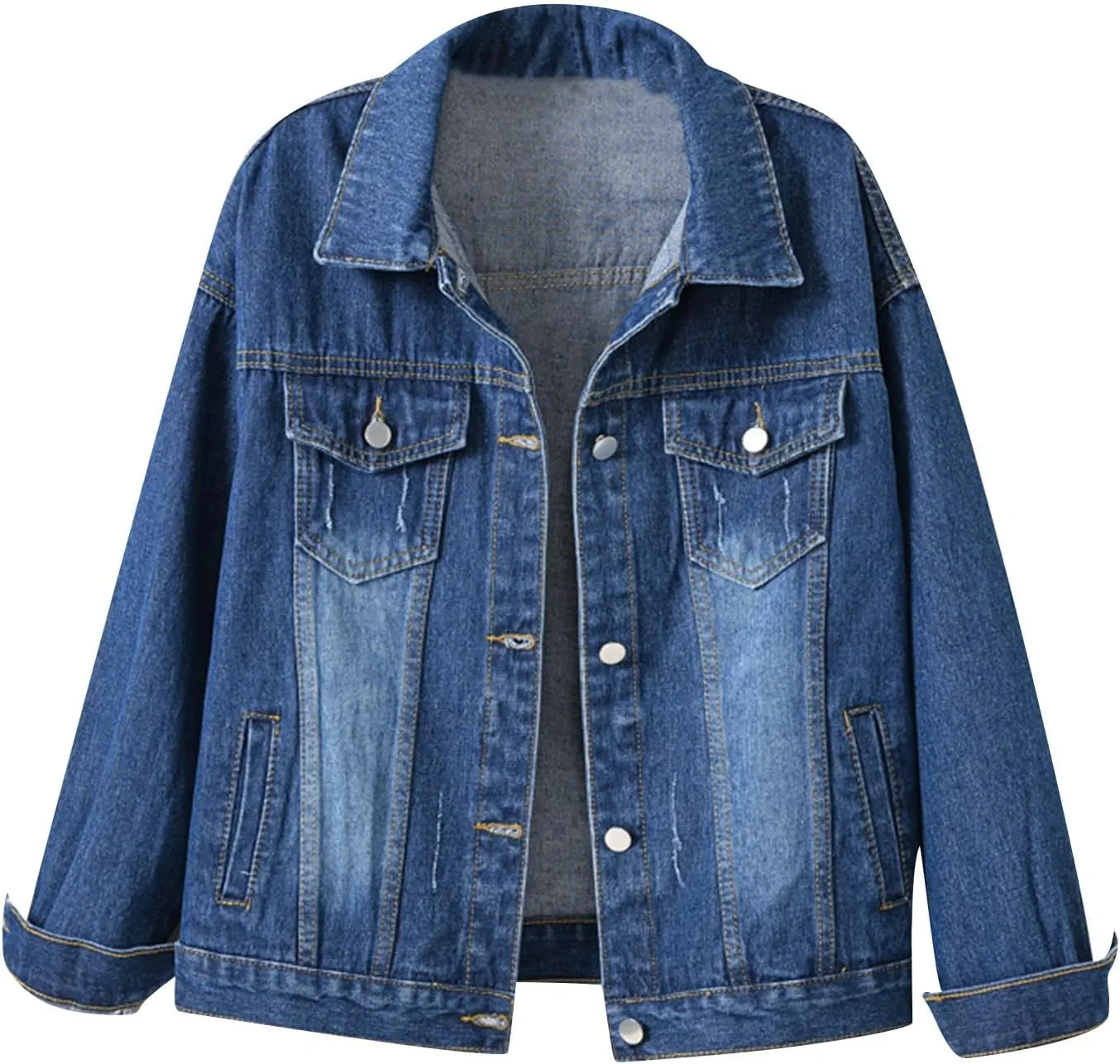 Mzkdieey Women Retro Denim Jackets Casual Lapel Long Sleeve Button Down Jean Jacket Denim Trucker Jacket with Pockets