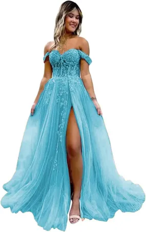 Off The Shoulder Tulle Prom Dresses with Slit Laces Applique Sweetheart Long Evening Party Dress