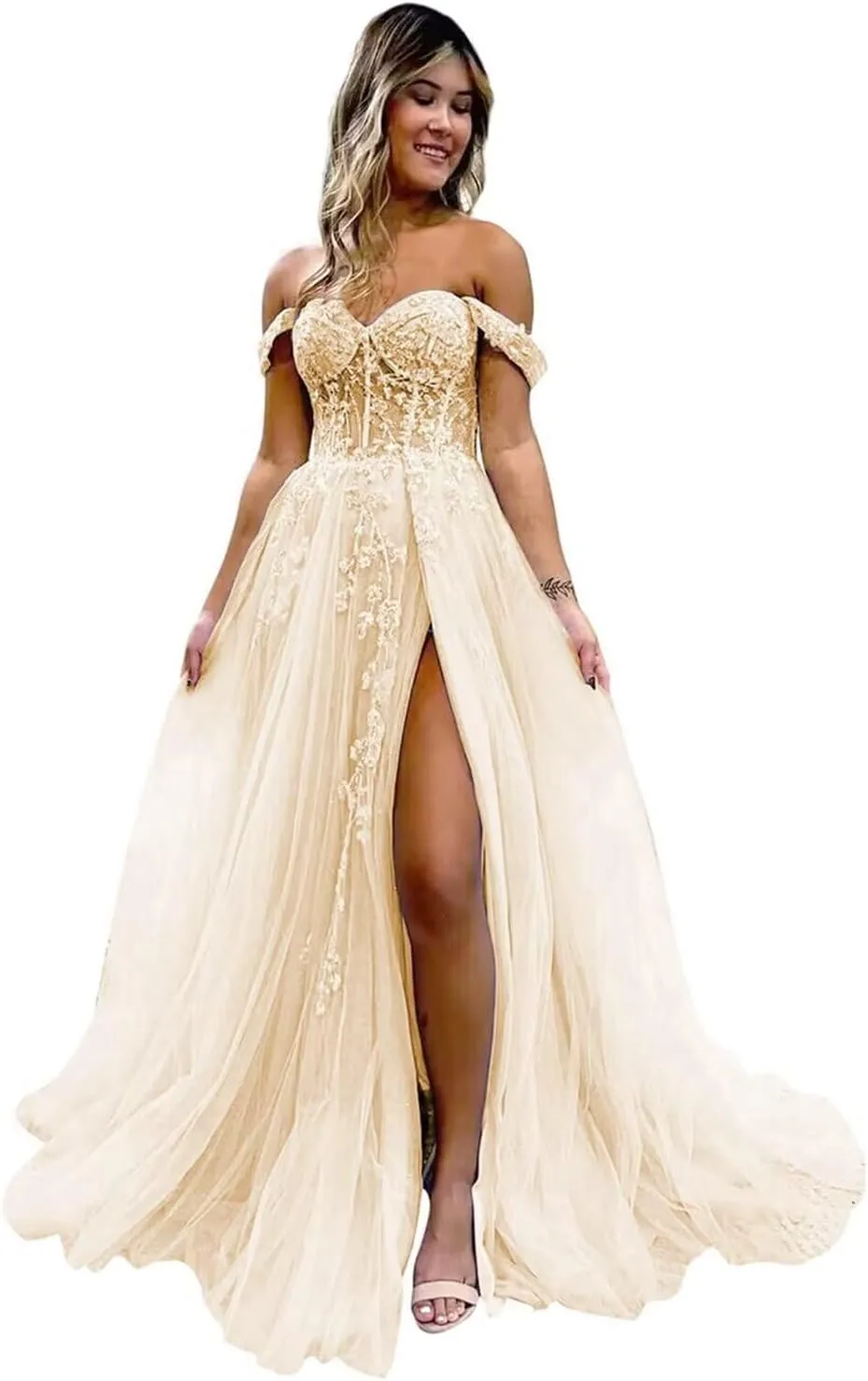 Off The Shoulder Tulle Prom Dresses with Slit Laces Applique Sweetheart Long Evening Party Dress