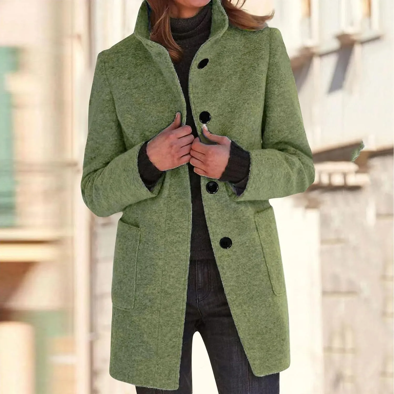 Peacoat Womens Coat Stand Collar Single Breasted Wool Coats Winter 2024 Trendy Long Coats Peacoat Blazer Jacket