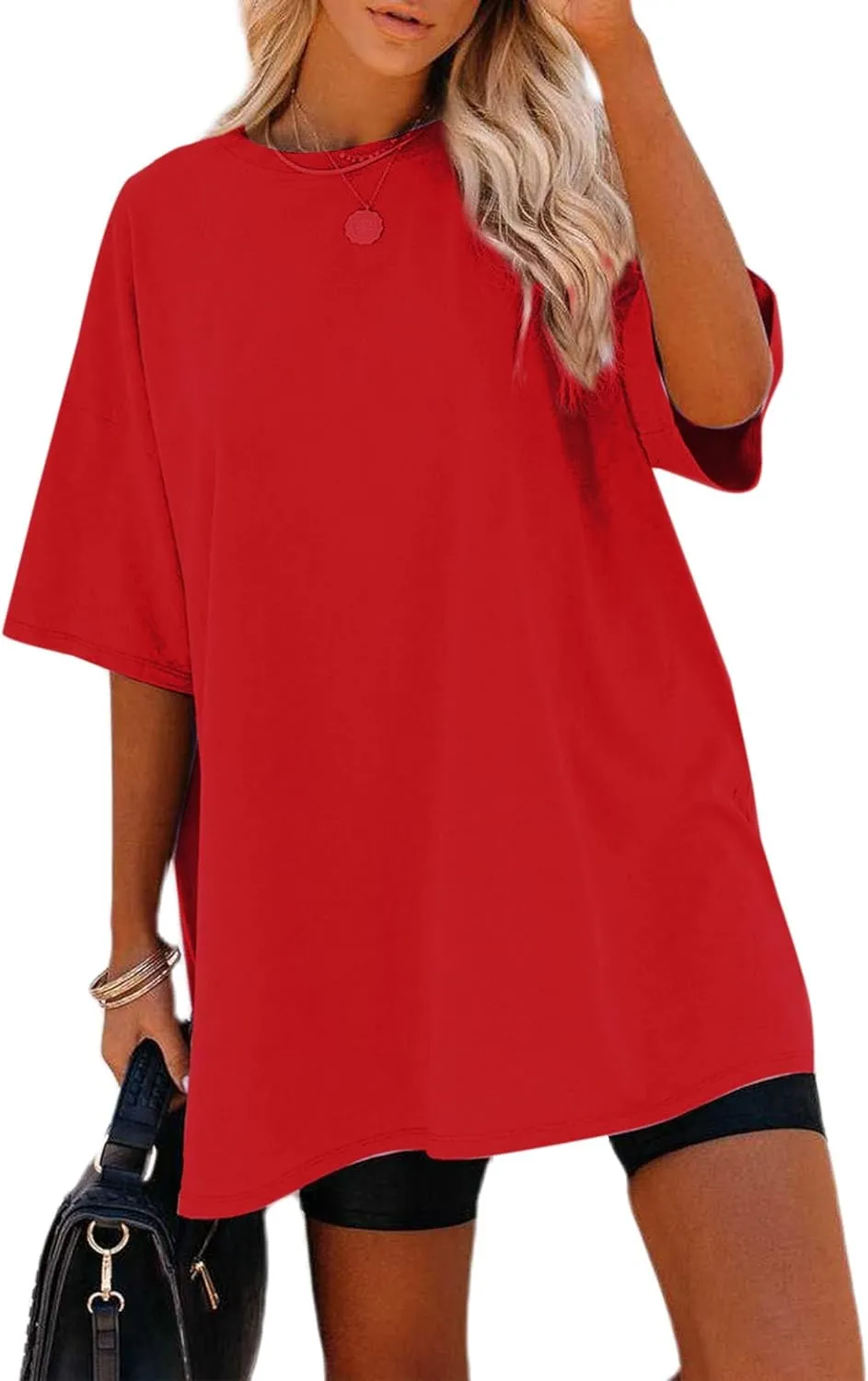 Remidoo Women's Oversized T Shirt Solid Short Sleeve Baggy Cotton Tees Solid Red XX-Large