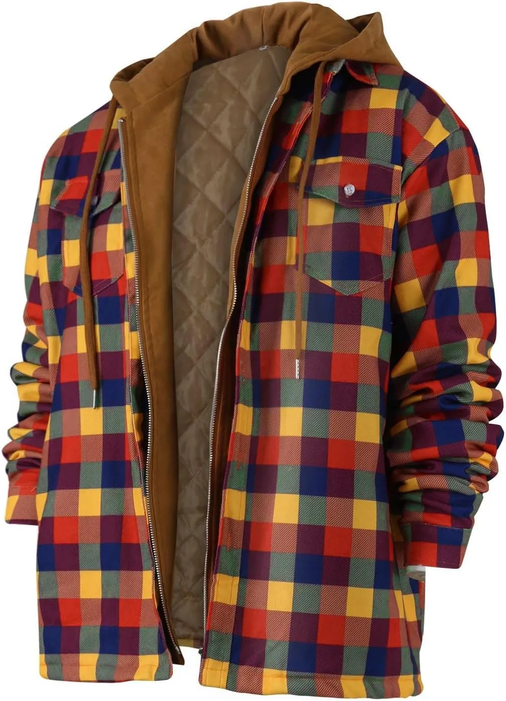RTRDE Men's Button Down Long Sleeve Shirts Hooded Jacket Plaid Shirts Quilted Lined Fall Winter Coat Shirt, M-5XL