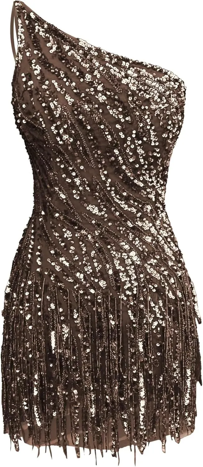 Sparkly Sequin Homecoming Dresses for Teens Short Tessal One Shoulder Bodycon Mini Cocktail Party Gowns