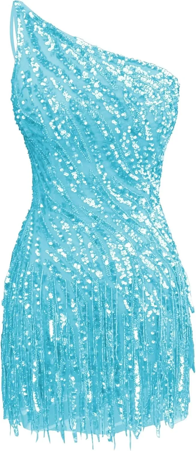 Sparkly Sequin Homecoming Dresses for Teens Short Tessal One Shoulder Bodycon Mini Cocktail Party Gowns
