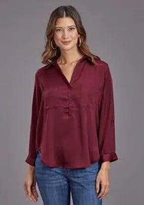 Stetson Women's Wine Satin ¾ Sleeve Blouse