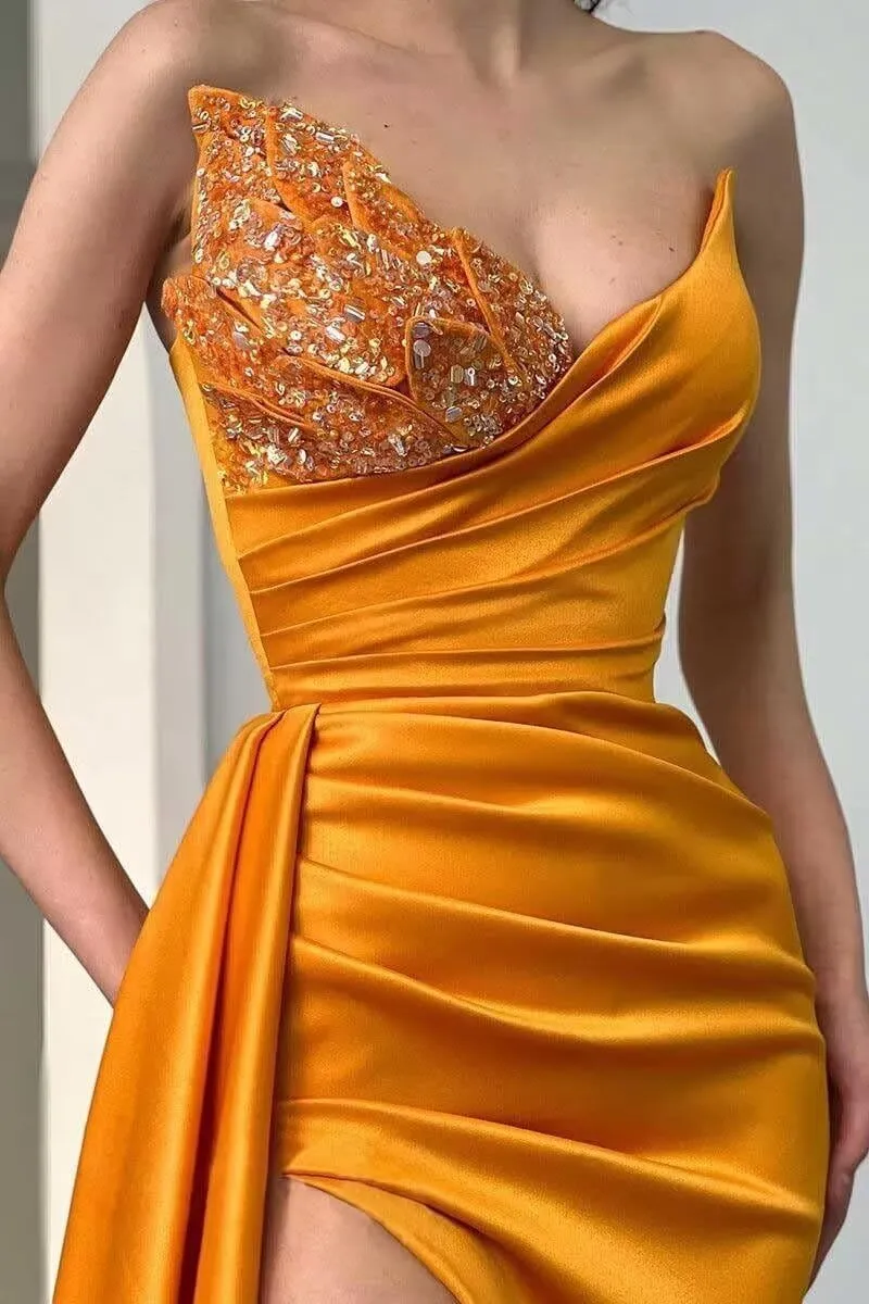 Strapless Satin Prom Dresses for Women 2025 Mermaid Bridesmaid Dresses Sequin Beaded Evening Gowns with Slit