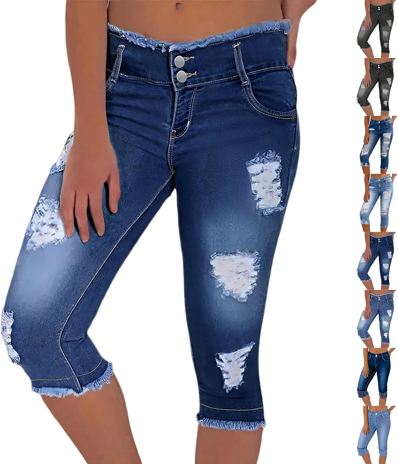 Stretch Jean Capris for Women Ripped Low Rise Jeans Vintage Distressed Jeans Raw Hem Denim Capri Pants with Pocekts