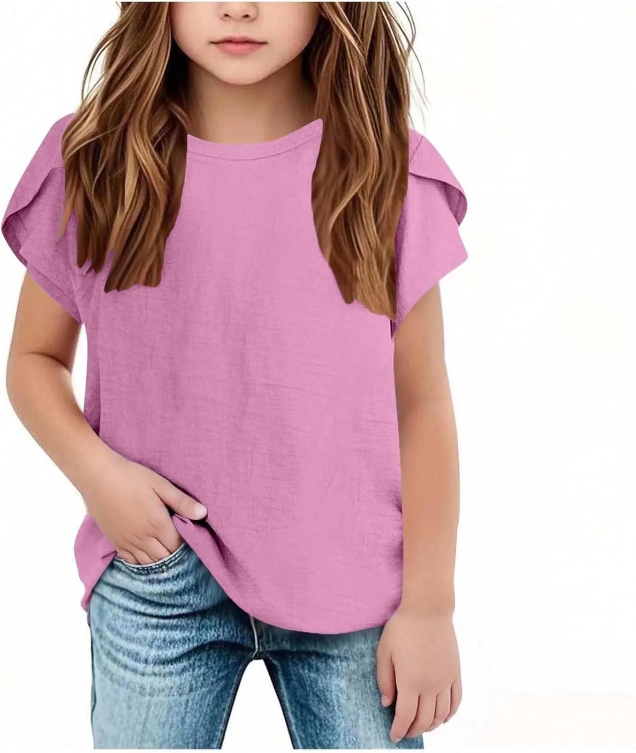 Summer Girls Cotton Linen T Shirts Crewneck Petal Short Sleeve Cute Casual Tops Loose Workout Blouse Tee 5-15 Years