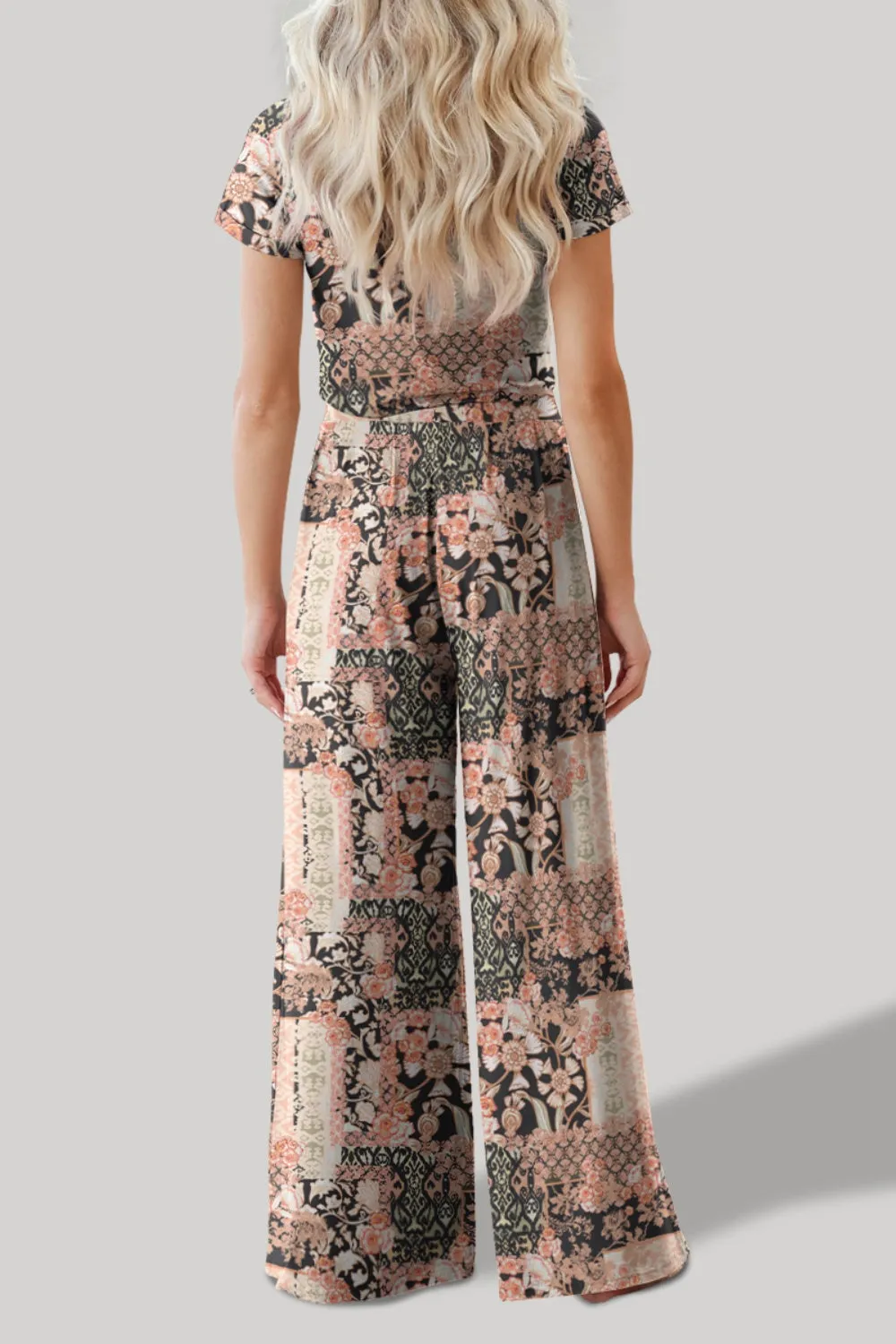 TEEK - Pleasant Print Round Neck Short Sleeve Top Pants Set