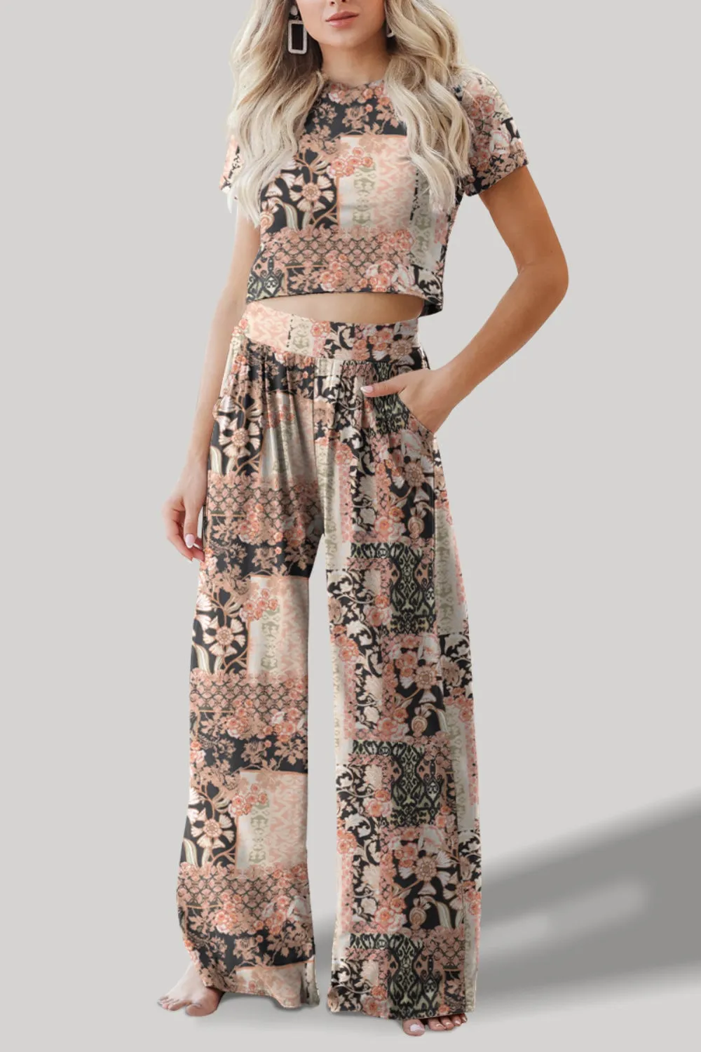 TEEK - Pleasant Print Round Neck Short Sleeve Top Pants Set