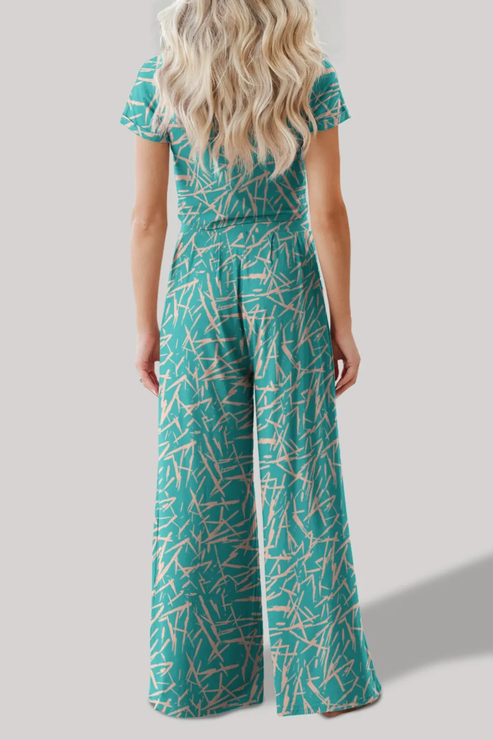TEEK - Pleasant Print Round Neck Short Sleeve Top Pants Set
