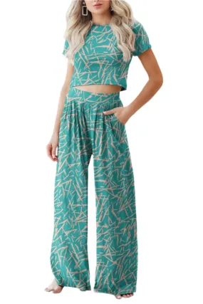 TEEK - Pleasant Print Round Neck Short Sleeve Top Pants Set