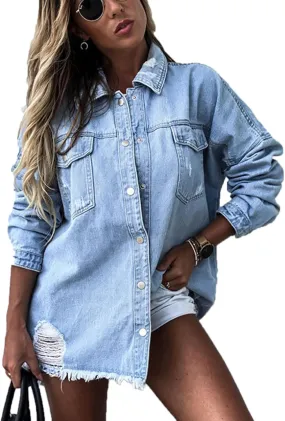 VIVICOLOR Women's Denim Trucker Jacket Women's Distressed Long Sleeve Oversized Denim Jacket Ripped Jeans Jacket