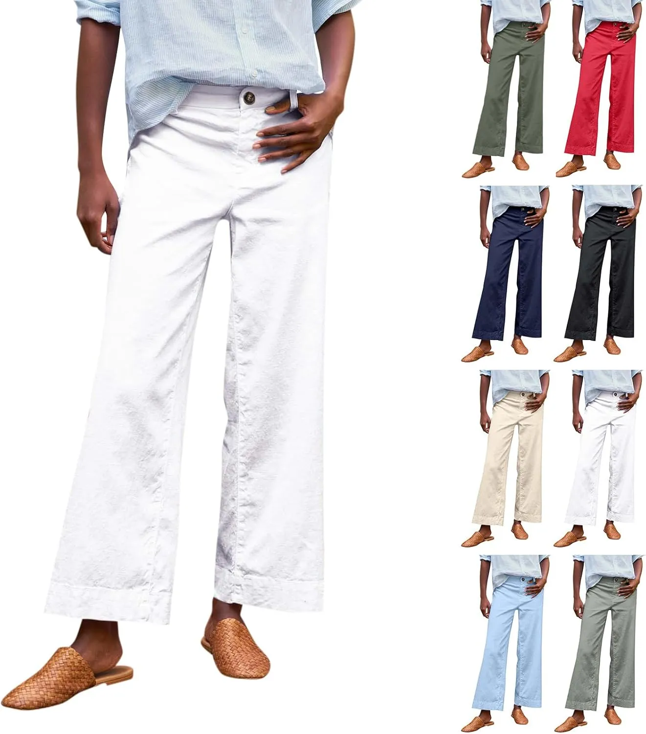Wide Leg Linen Pants for Women Cropped High Waisted Bootcut Palazzo Pants Business Casual Work Slacks with Pockets