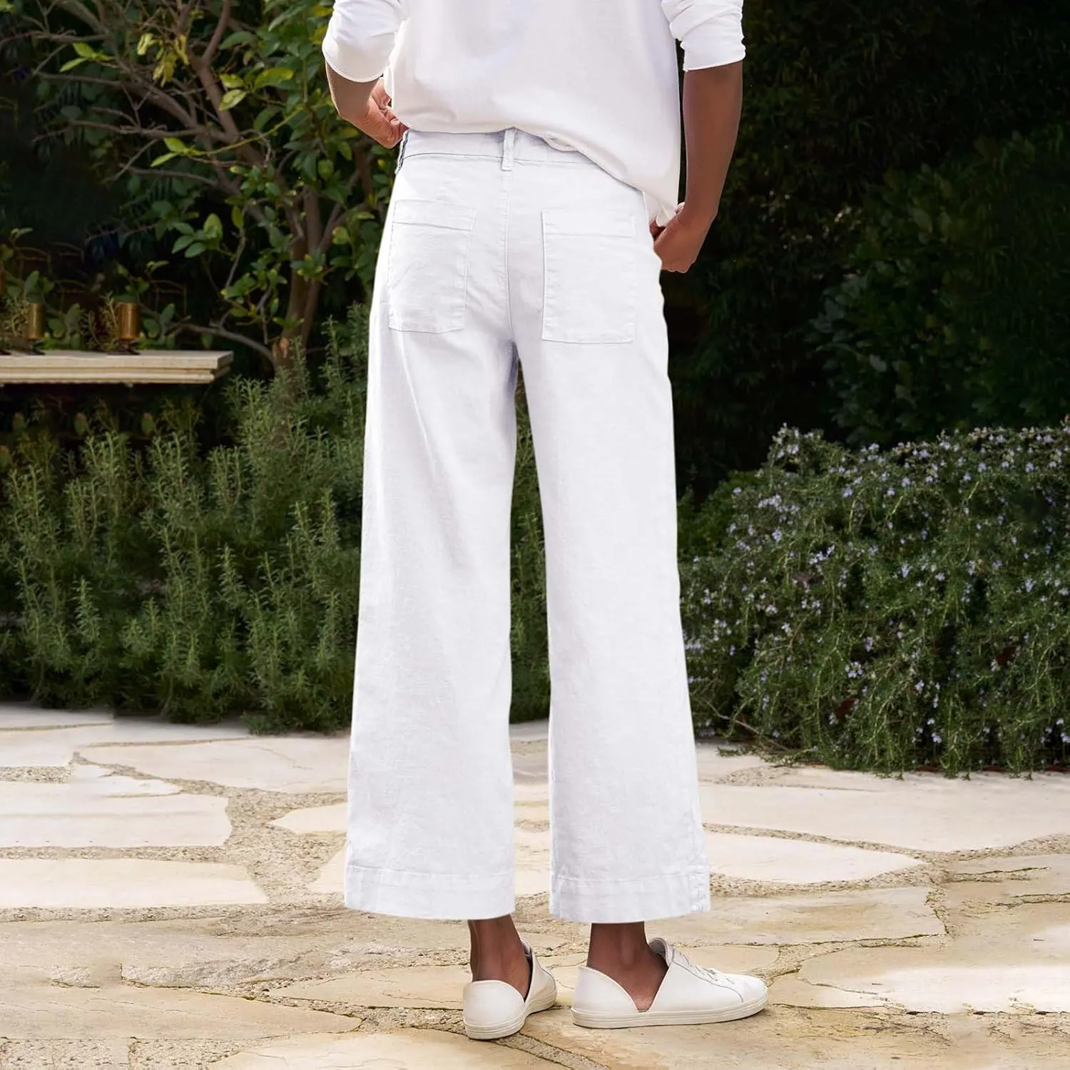 Wide Leg Linen Pants for Women Cropped High Waisted Bootcut Palazzo Pants Business Casual Work Slacks with Pockets