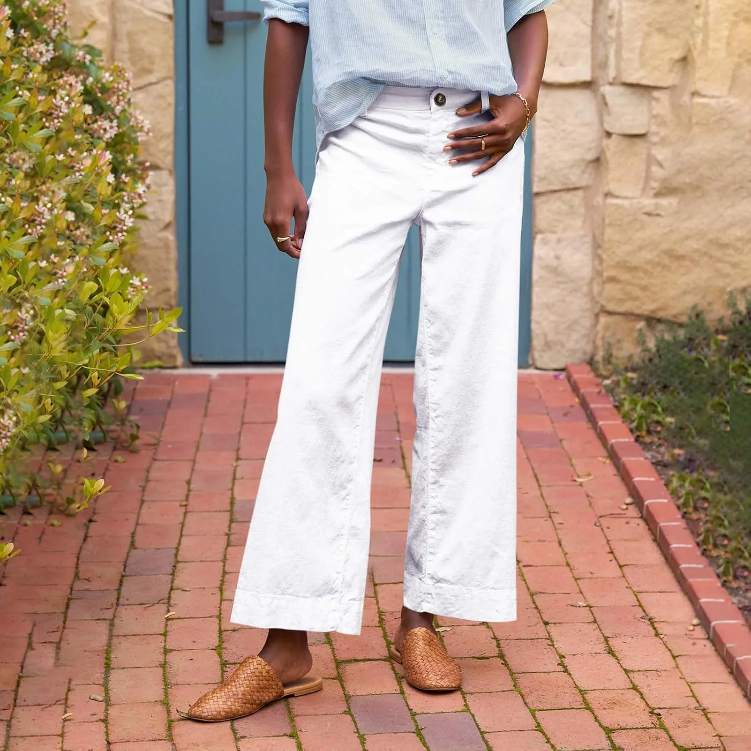 Wide Leg Linen Pants for Women Cropped High Waisted Bootcut Palazzo Pants Business Casual Work Slacks with Pockets