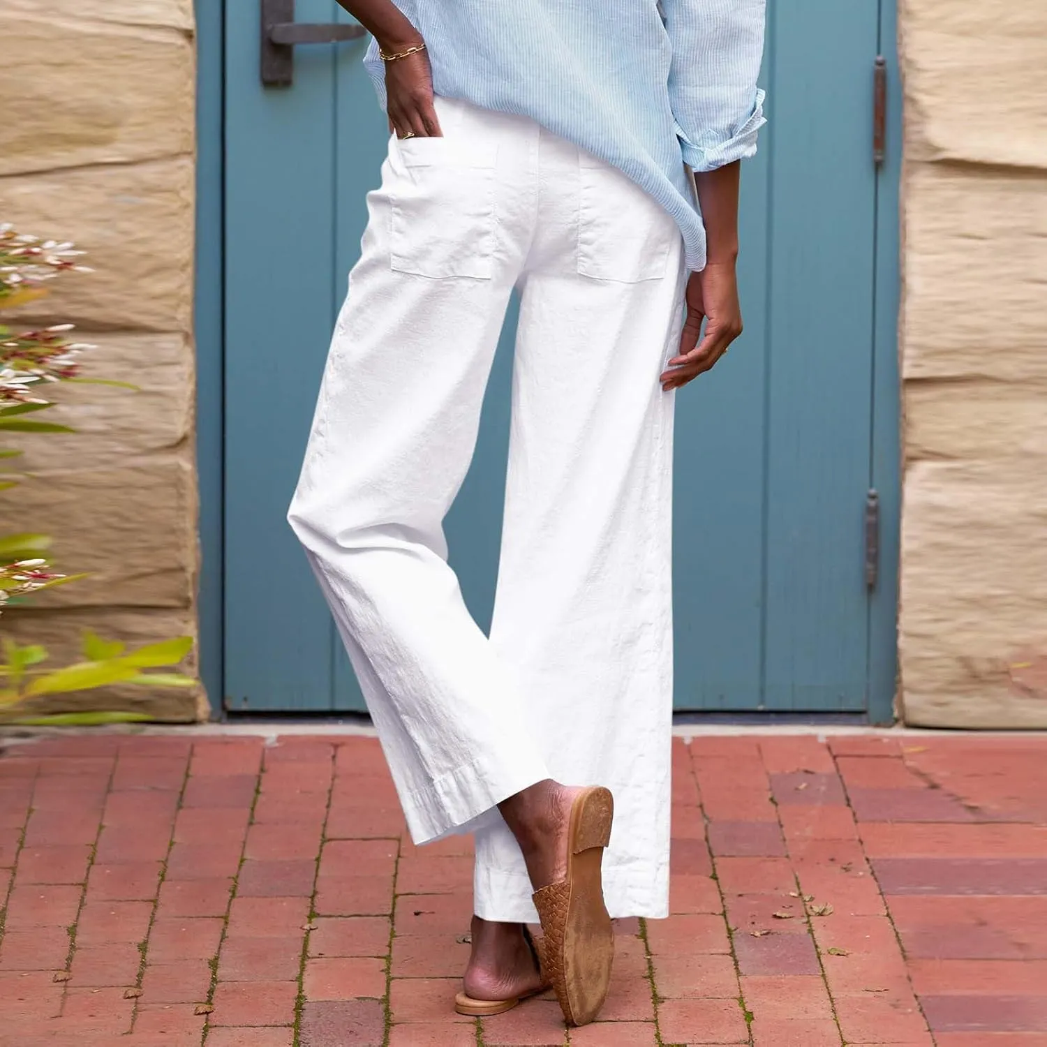 Wide Leg Linen Pants for Women Cropped High Waisted Bootcut Palazzo Pants Business Casual Work Slacks with Pockets
