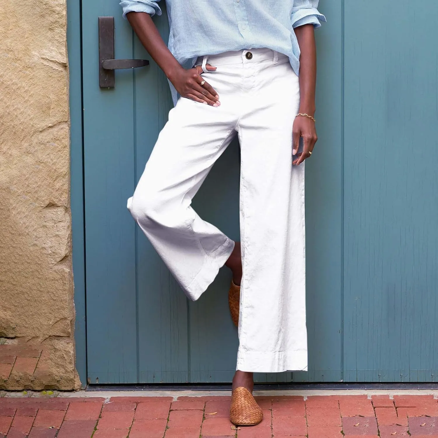 Wide Leg Linen Pants for Women Cropped High Waisted Bootcut Palazzo Pants Business Casual Work Slacks with Pockets