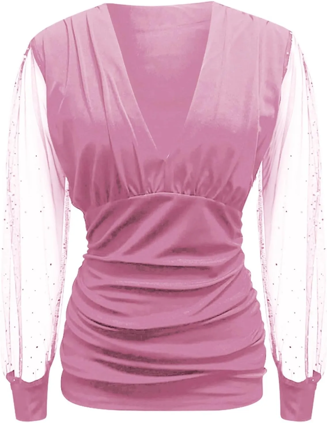 Women Sexy Shirt 2025 Summer Long Lantern Sleeve Date Night Outfits Deep V Neck Lace Sequin Slim Fit Tops Blouse