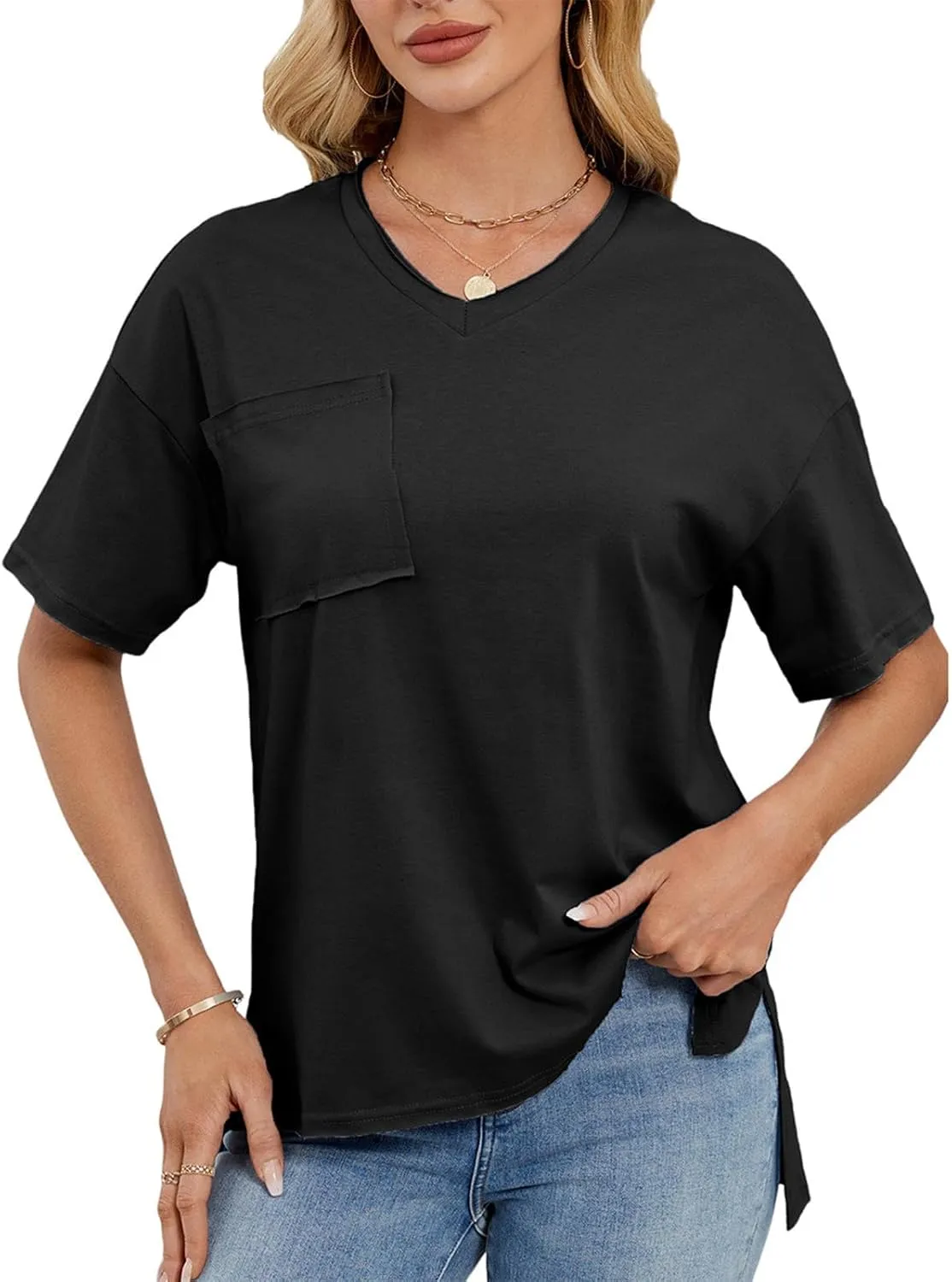 Women T Shirts Oversized Short Sleeve V Neck 2025 Summer Casual Loose Tops Basic Tee Shirts Outfits with Pockets